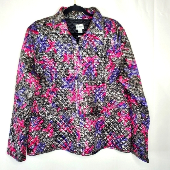 Chico's Quilted Metallic Jacket Size 3 (16-18) Paisley Print Zip Front Casual - Picture 1 of 15